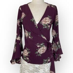 DONATING! LAST CHANCE! Burgundy floral wrap top, small bell flare sleeve blouse
